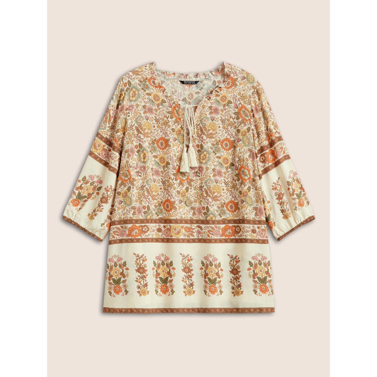 Plus Size Apricot Rayon Boho Print Button Detail Tie Neck Blouse Women Resort Elbow-length sleeve Notched collar Vacation Blouses BloomChic 10/M Product Image
