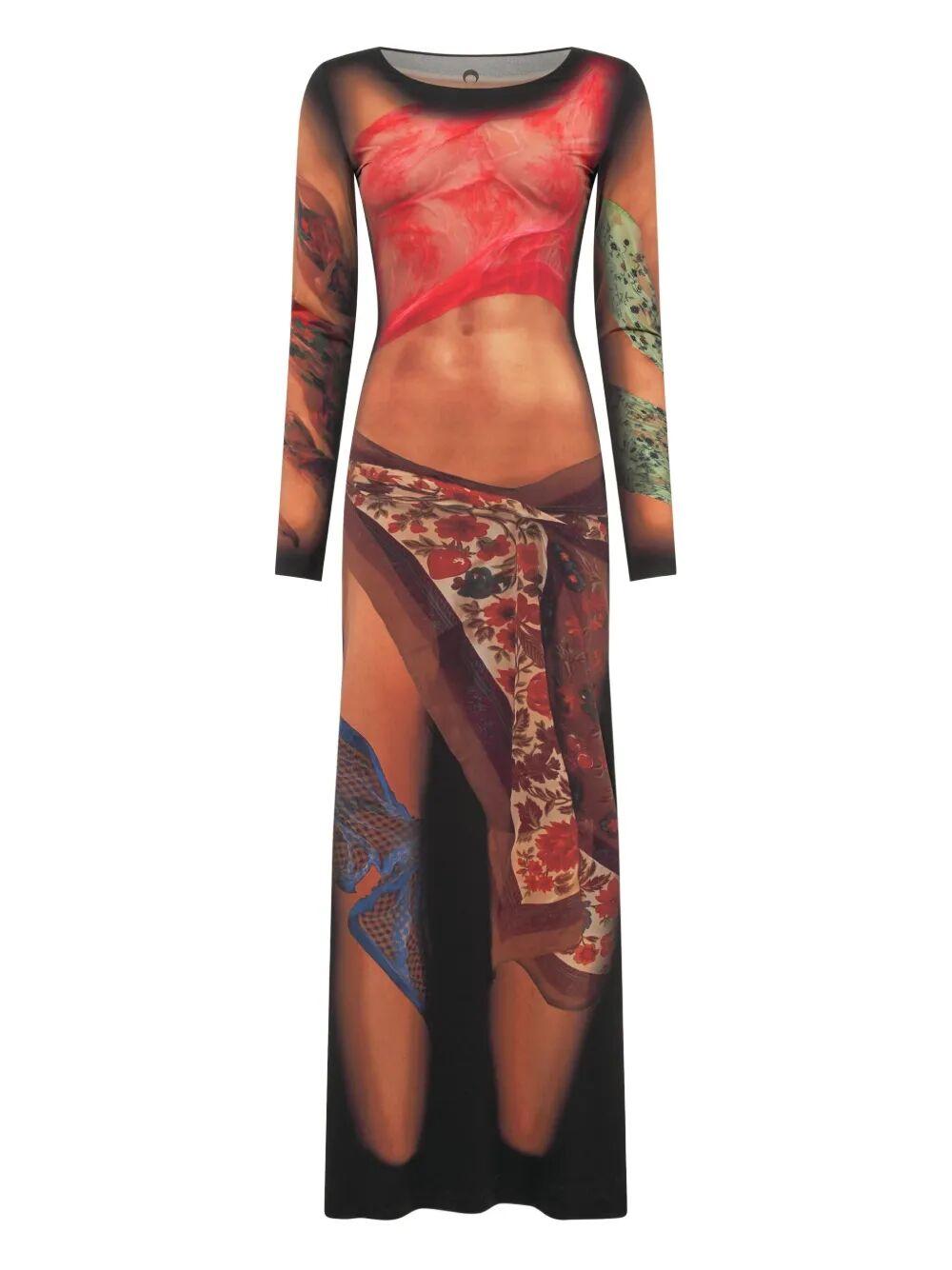 MARINE SERRE Multicolor Long Dress With All-over Graphic Print In Tech Fabric Woman In Beige Product Image