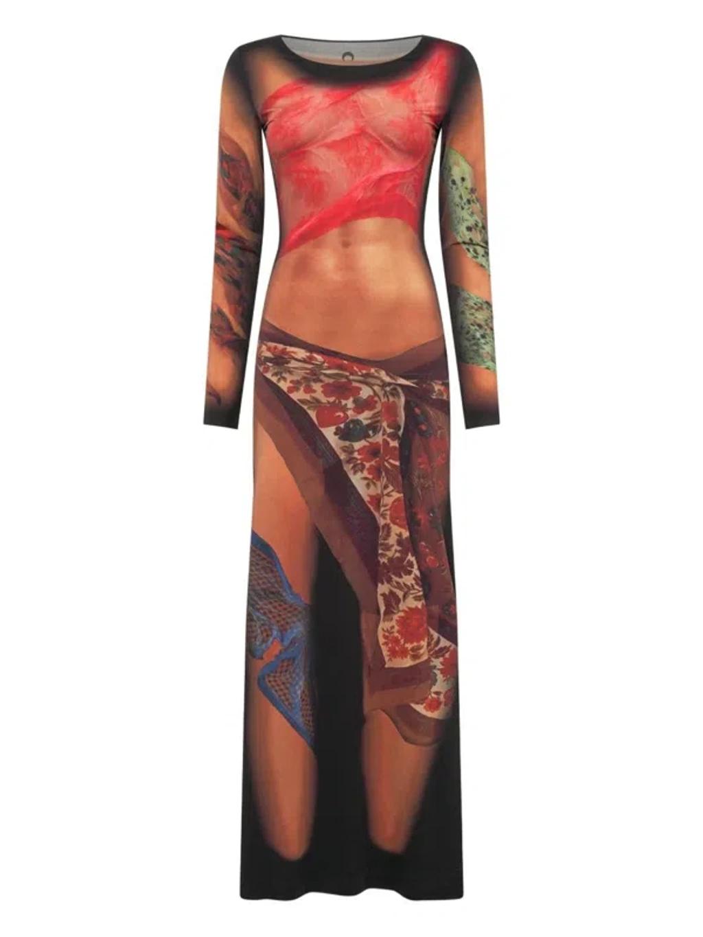 MARINE SERRE Multicolor Long Dress With All-over Graphic Print In Tech Fabric Woman In Beige Product Image