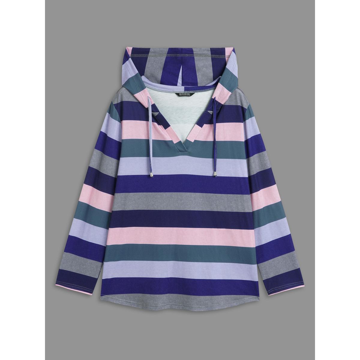 Plus Size Contrast Striped Hooded Drawstring T-shirt Multicolor Women Casual Drawstring Hooded Everyday T-shirts BloomChic 12/L Product Image