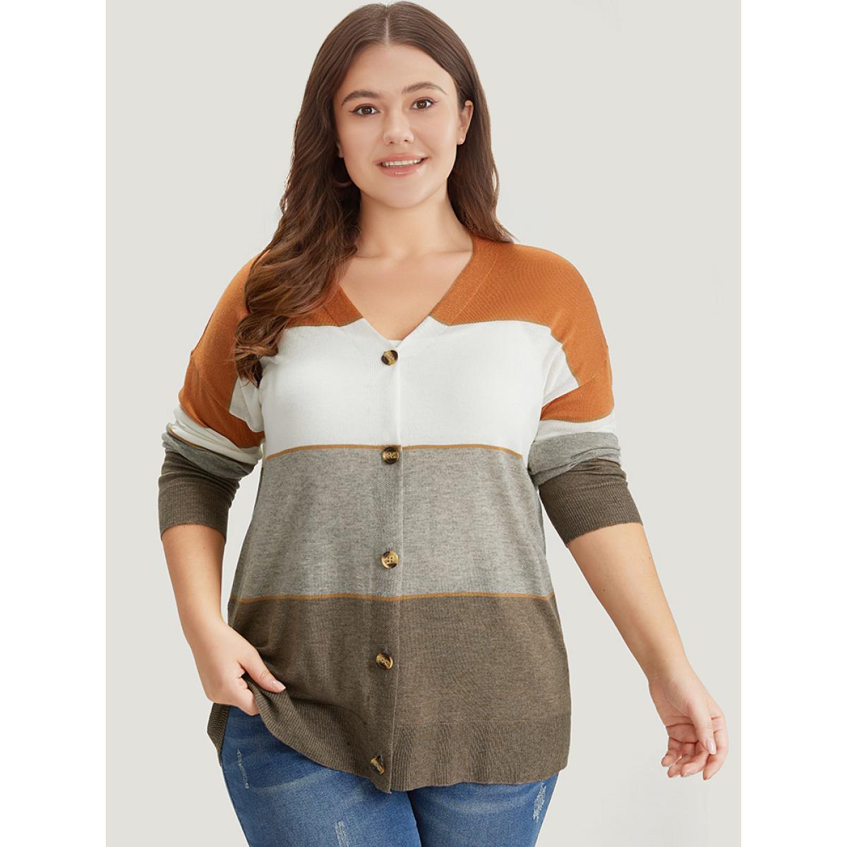 Plus Size Supersoft Essentials Colorblock Contrast Button Up Lightweight Cardigan Gray Women Casual Long Sleeve Dailywear Cardigans BloomChic 22-24/3X Product Image