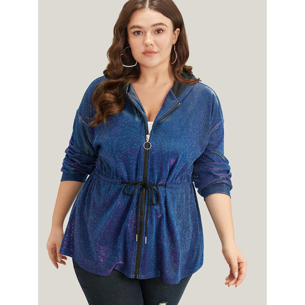 Plus Size Glitter Plain Drawstring Zipper Knot Hooded Coat Women Purple Elastic cuffs Dailywear Jackets BloomChic 18-20/2X Product Image