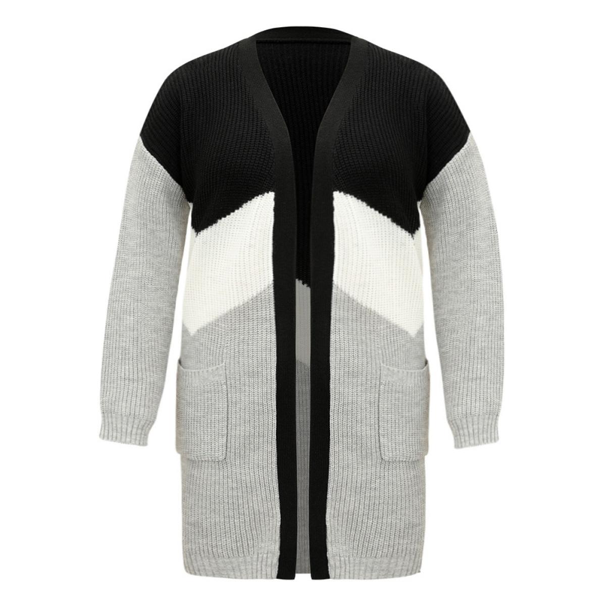 Plus Size Colorblock Contrast Pocket Open Front Cardigan DarkGray Women Casual Loose Long Sleeve Dailywear Cardigans BloomChic 14-16/1X Product Image