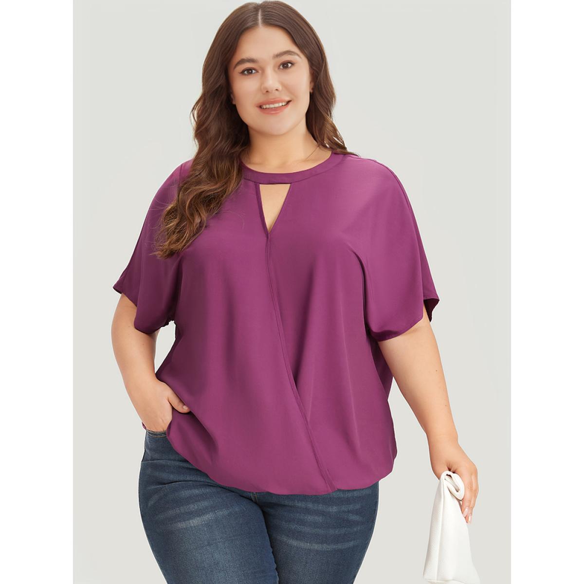 Plus Size Purple Solid Keyhole Gathered Dolman Sleeve Blouse Women Office Short sleeve V-neck Office Blouses BloomChic 14-16/1X Product Image