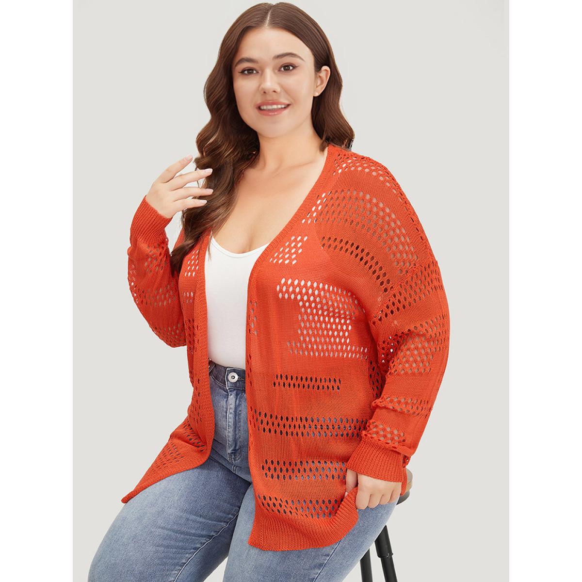 Plus Size Plain Open Front Elastic Sleeve Cut Out Cardigan Scarlet Women Casual Loose Long Sleeve Everyday Cardigans BloomChic 12/L Product Image