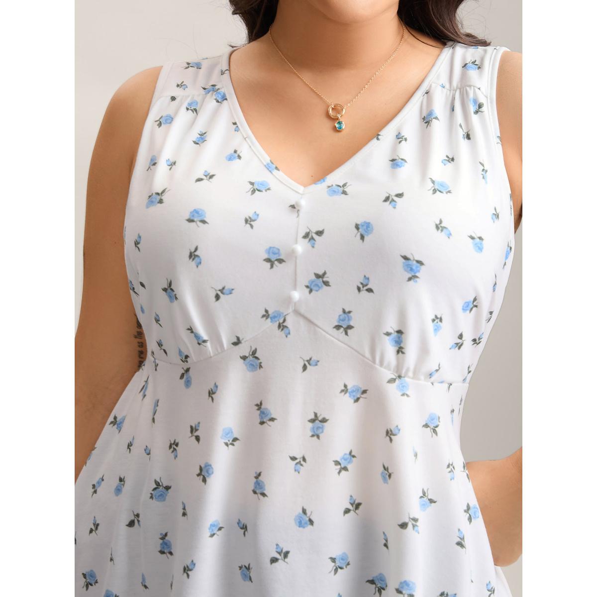 Plus Size Stretchy Floral Print Waist-Tie Tank Top Women WhiteSmoke Belted V-neck Everyday-Elegant Tank Tops Camis BloomChic 12/L Product Image