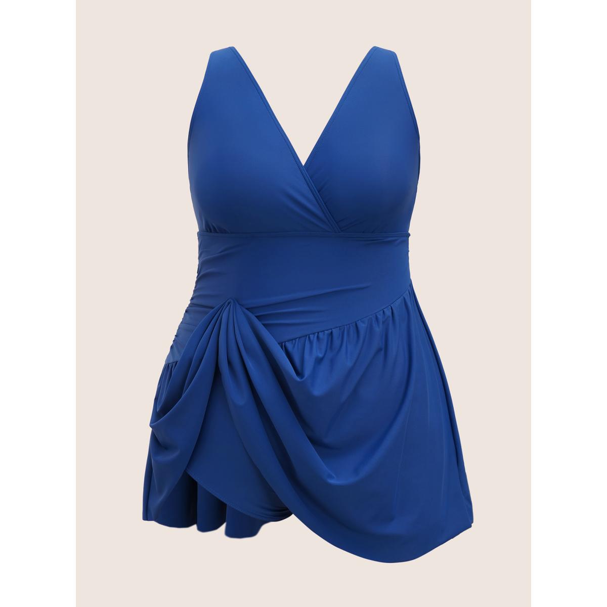 Plus Size Solid Surplice Neck Gathered Swim Dress Women's Swimwear Indigo Beach Bodycon V-neck High stretch Curve Swim Dresses BloomChic 18-20/2X Product Image
