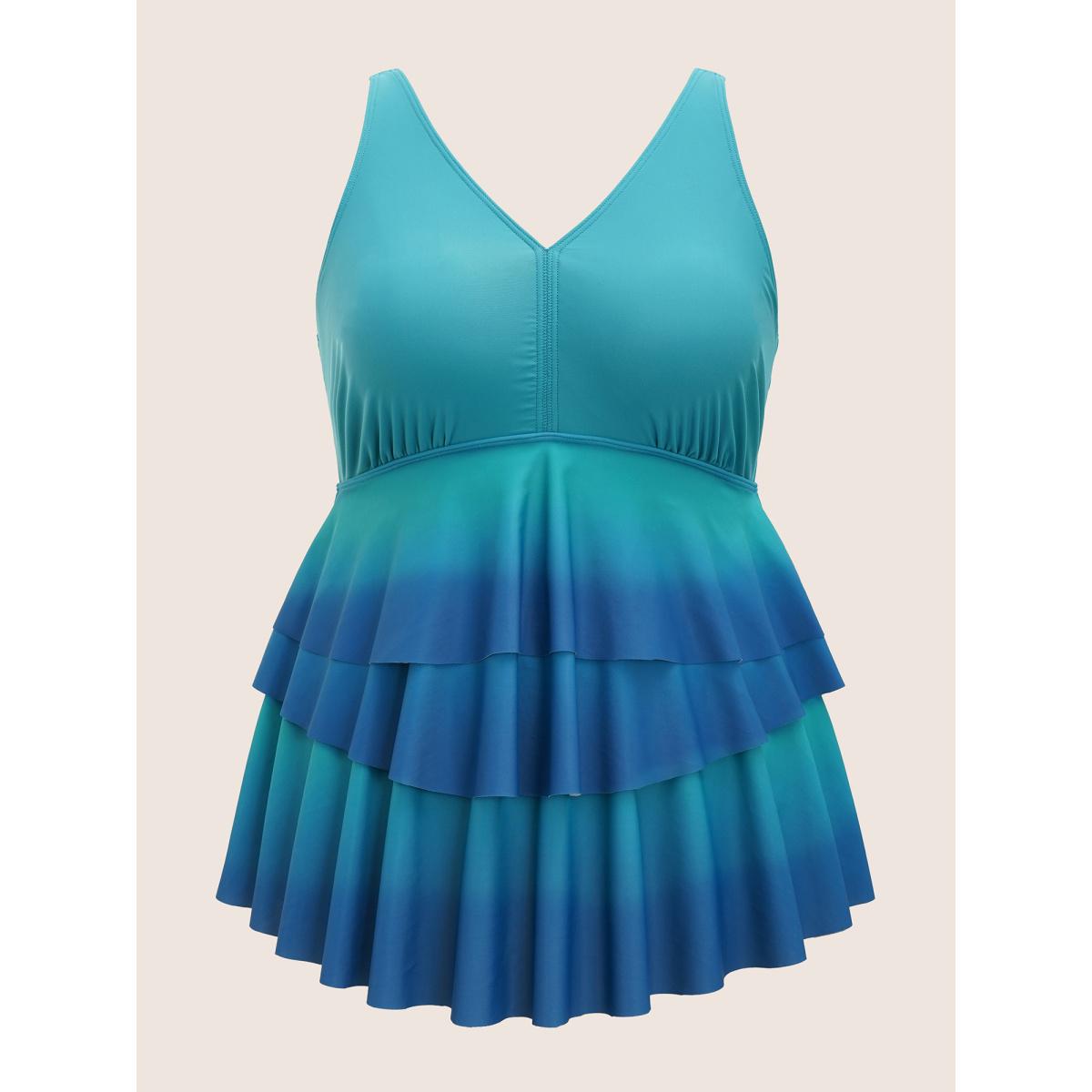 Plus Size V Neck Ombre Tiered Ruffles Swim Top Women's Swimwear Teal Beach Contrast High stretch Bodycon V-neck Curve Swim Tops BloomChic 30/6X Product Image