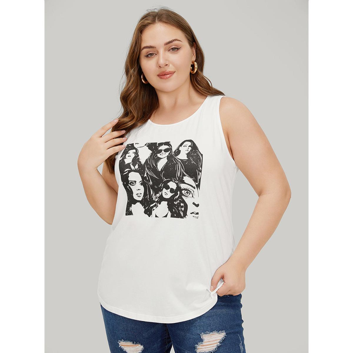 Plus Size Figure Print Sleeveless Tank Top Women White Casual Dailywear Tank Tops Camis BloomChic 28/5X Product Image