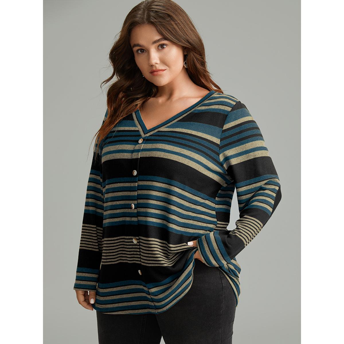 Plus Size Halloween Striped Contrast Button Detail T-shirt Blue Women Casual Contrast Striped V-neck Festival-Halloween T-shirts BloomChic 22-24/3X Product Image