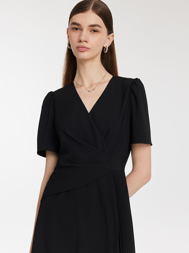 V-Neck Patchwork Pleated Women Mini Dress Product Image