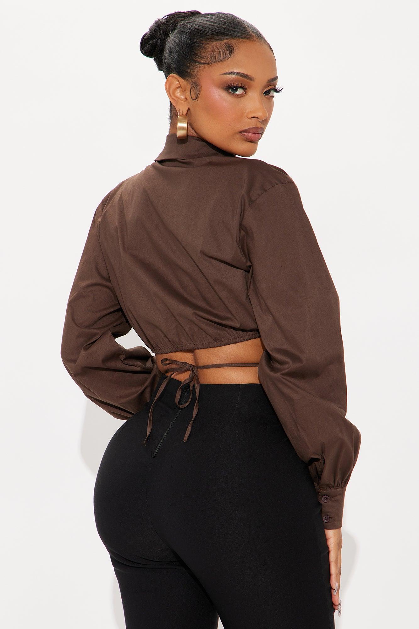 On Vacation Strappy Waist Poplin Top - Chocolate Female Product Image