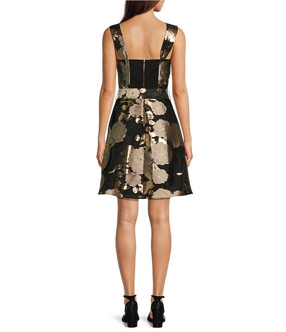 Alex Marie Louise Metallic Floral Jacquard Sweetheart Tank Strap A-Line At the Knee Dress Product Image