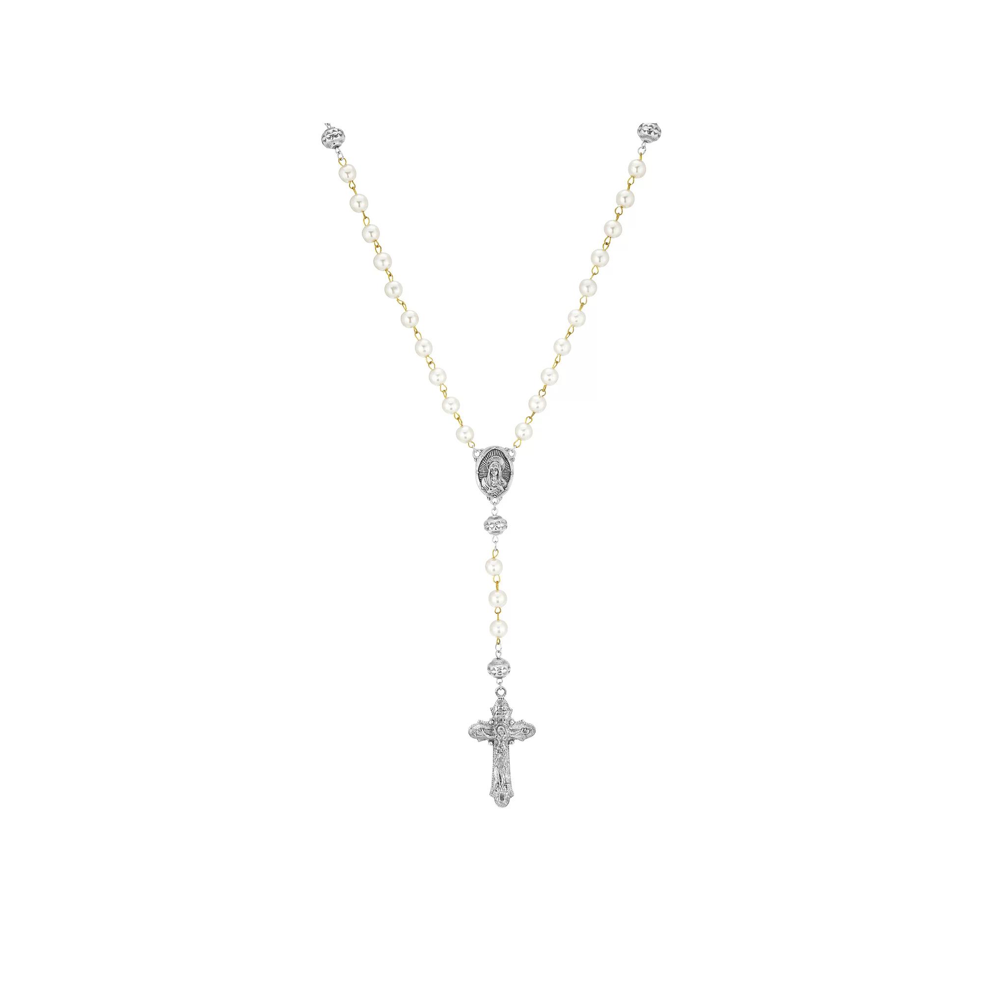 1928 Silver Tone Crucifix Simulated Pearl Rosary, Womens, White Product Image