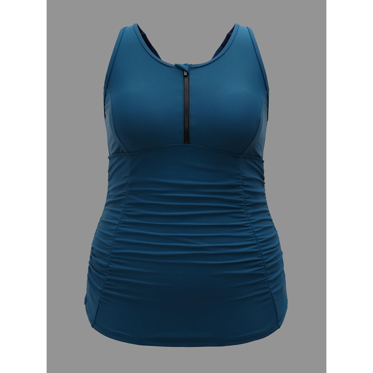 Plus Size Half Zipper Pleated Swim Top Women's Swimwear Aegean Beach Gathered High stretch Skinny U-neck Curve Swim Tops BloomChic 10/M Product Image