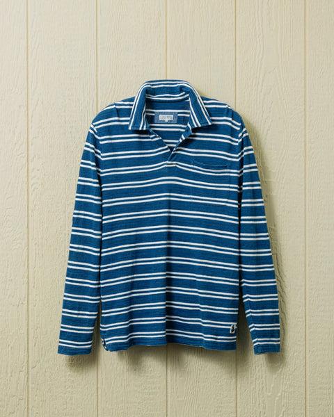 Long Sleeve Indigo Polo in Indigo/White Double Stripe Product Image