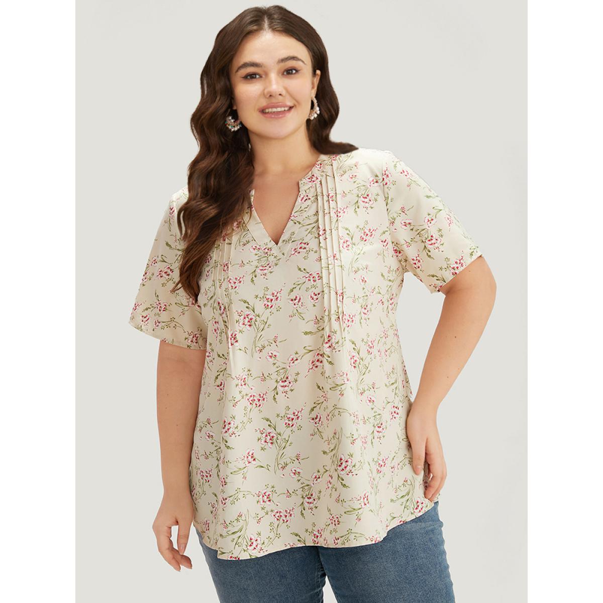 Plus Size Beige Floral Print Notched Pleated Detail Blouse Women Elegant Short sleeve Notched collar Dailywear Blouses BloomChic 12/L Product Image