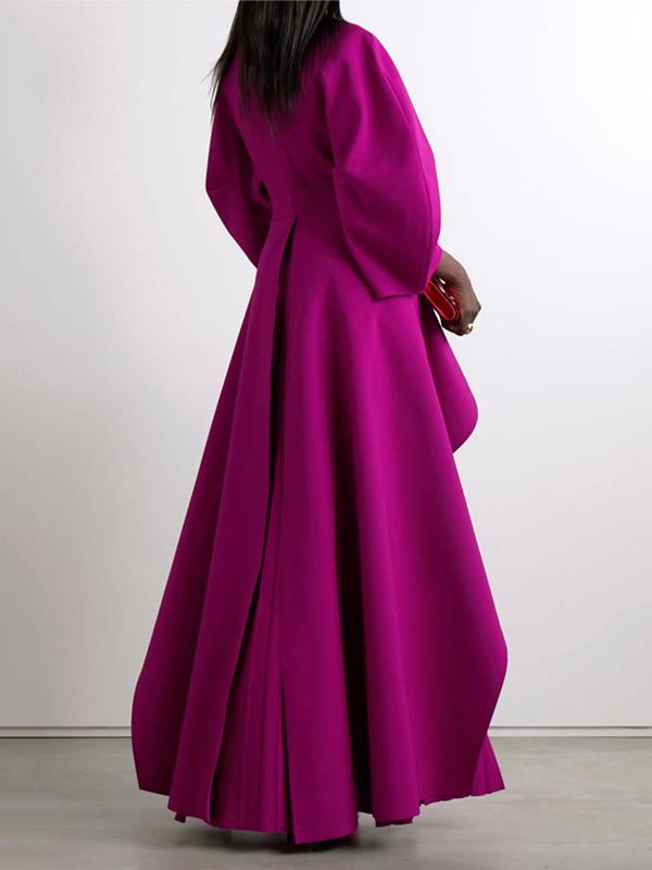 Long Sleeves Loose Pleated Solid Color Split-Joint Tiered Round-Neck Maxi Dresses Product Image