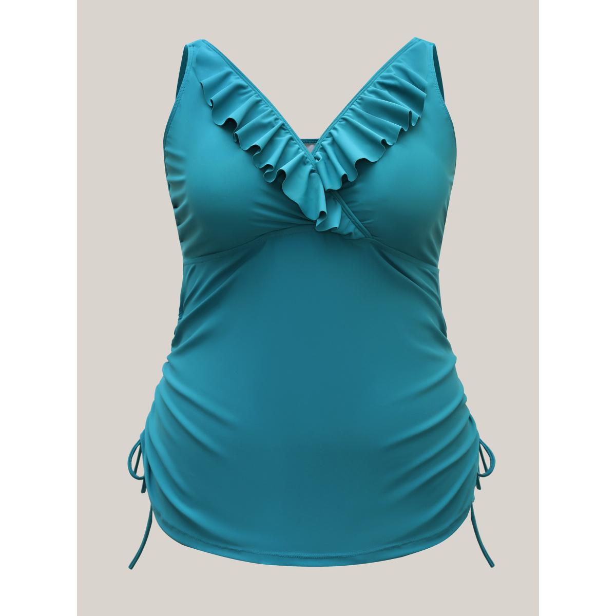 Plus Size Ruffled Edges Drawstring Bust-Support Swim Top Women's Swimwear Teal Resort Drawstring High stretch Bodycon Overlap Collar Curve Swim Tops BloomChic 18-20/2X Product Image