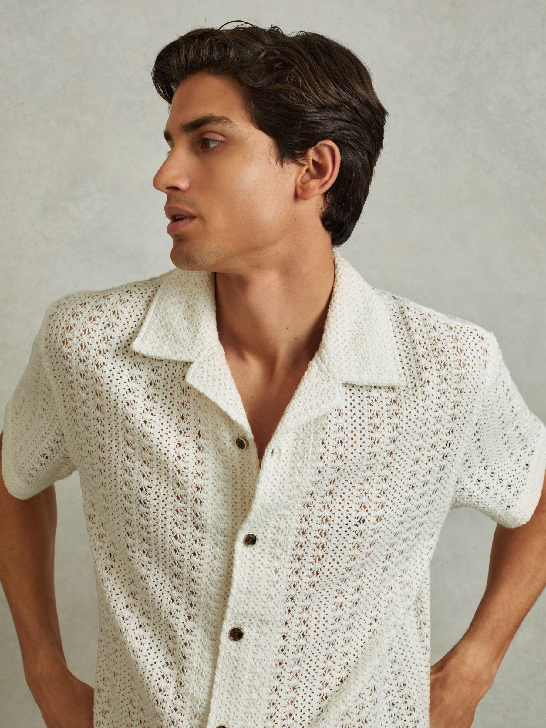 Cotton Crochet Cuban Collar Shirt in Ecru Product Image
