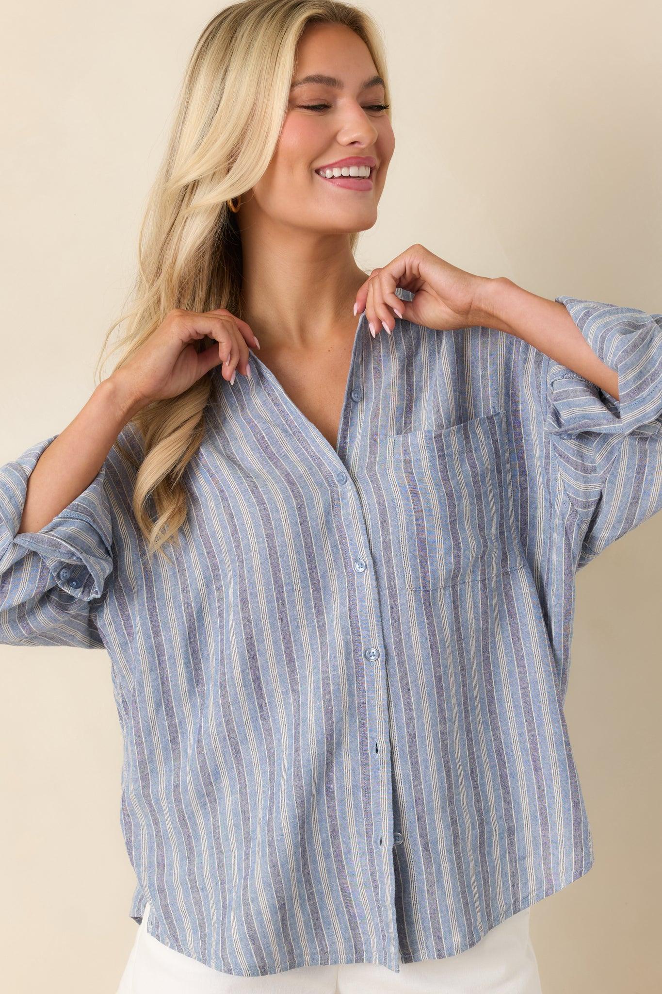 Z Supply The Perfect Indigo Stripe Button Up Top Product Image