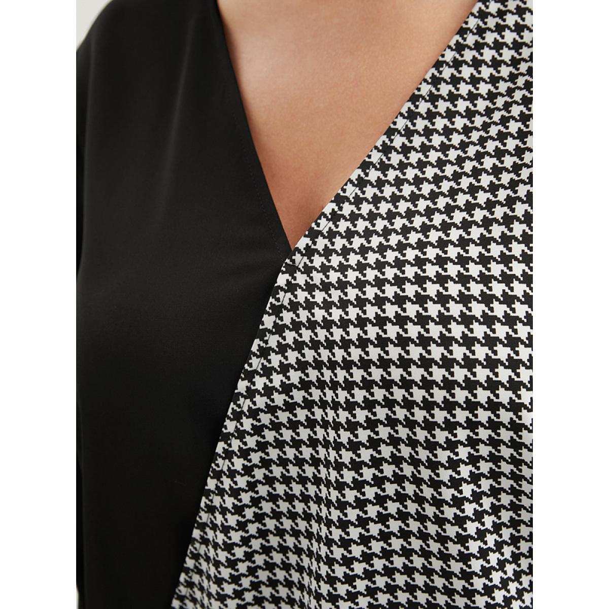Plus Size Black Houndstooth Patchwork Lantern Sleeve Blouse Women Office Long Sleeve V-neck Work Blouses BloomChic 22-24/3X Product Image