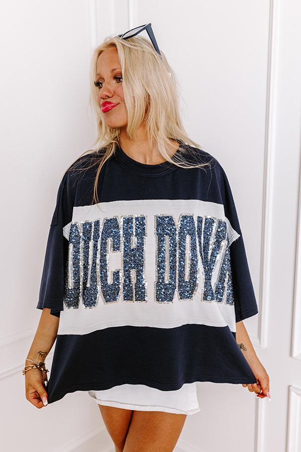 It's a Touch Down Sequin Oversized Tee in Navy/White Product Image