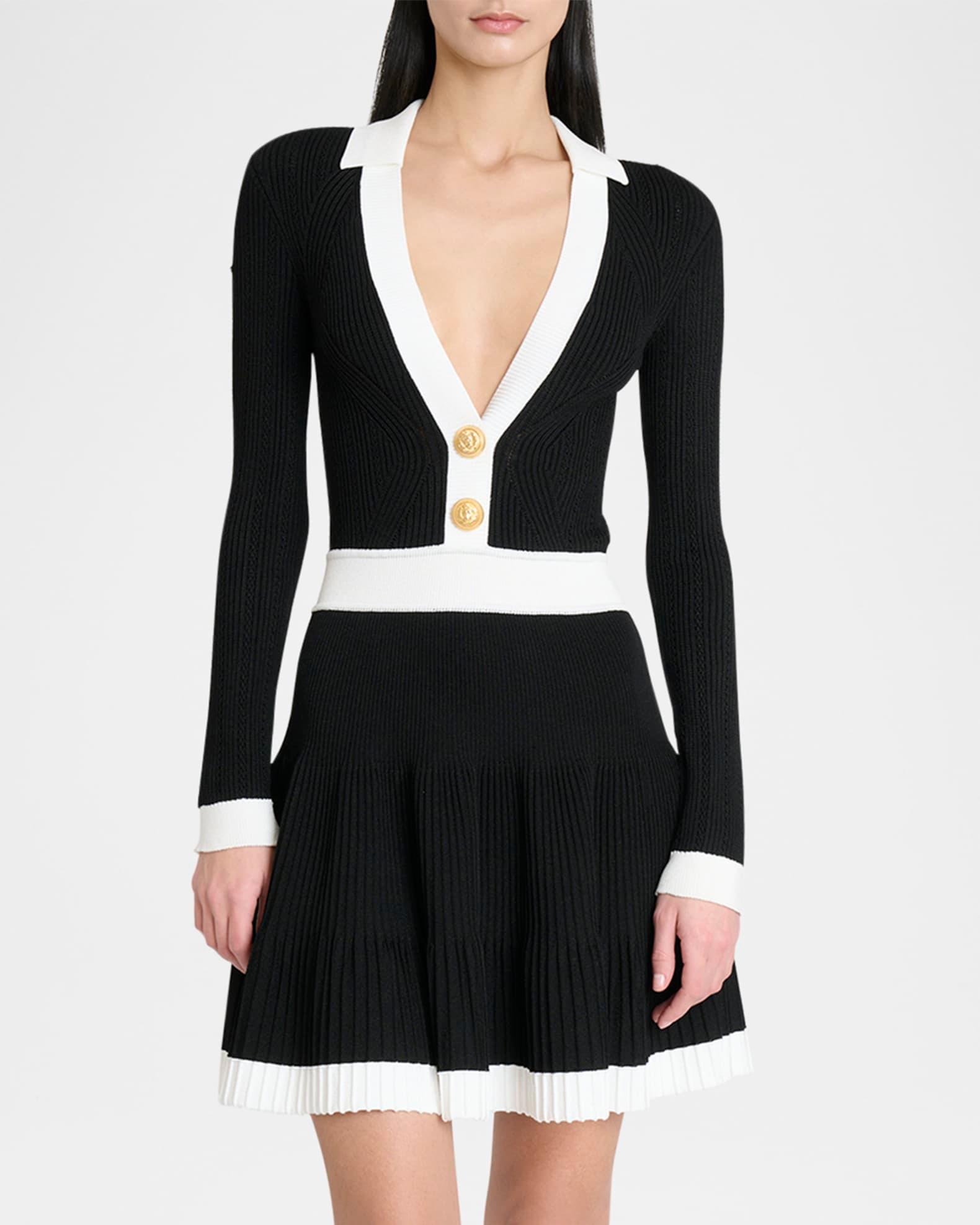 Long-Sleeve V-Neck Flared Knit Dress Product Image