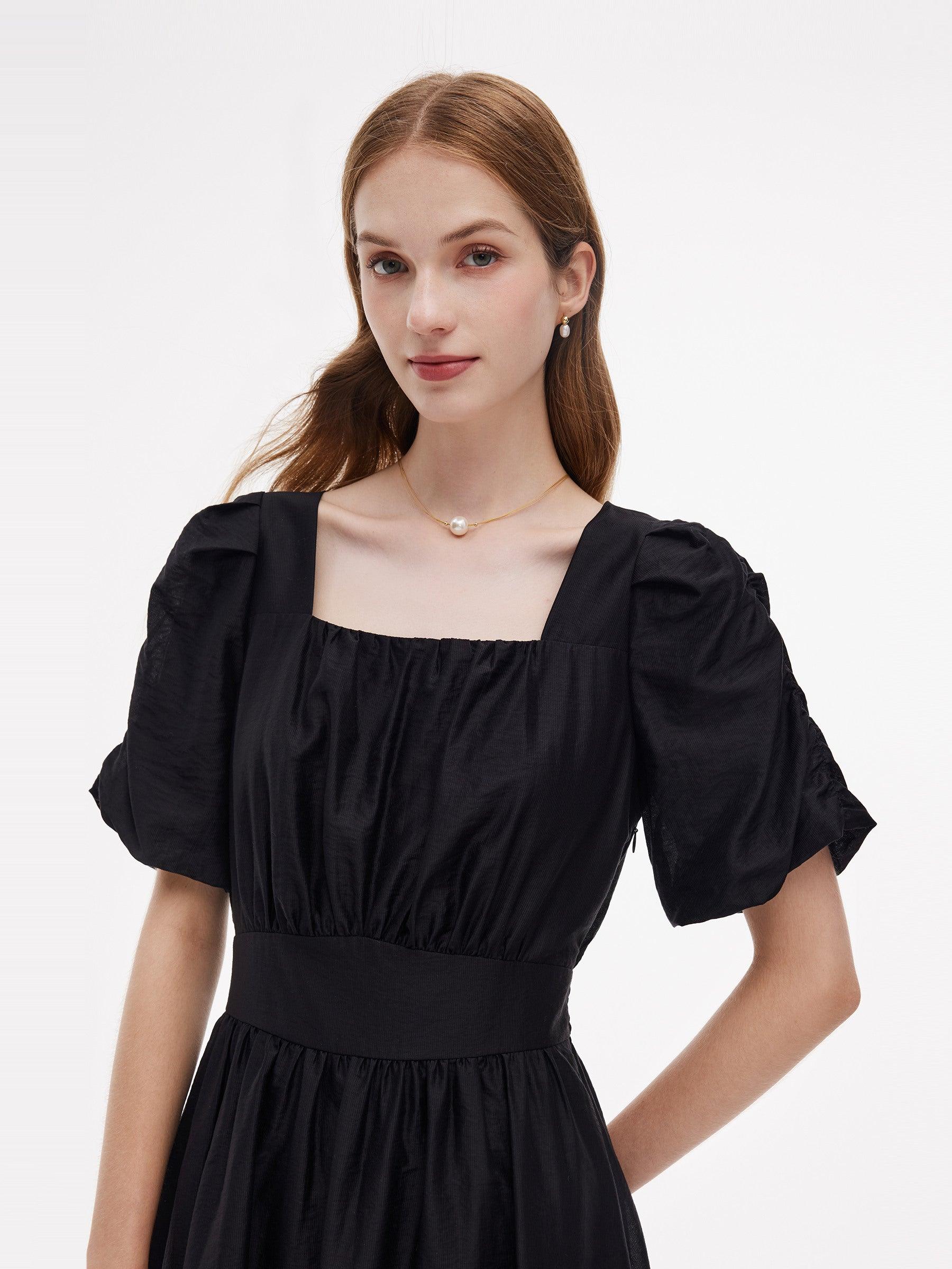 Tencel Blend Square Neck Women Puff Sleeve Maxi Dress Product Image