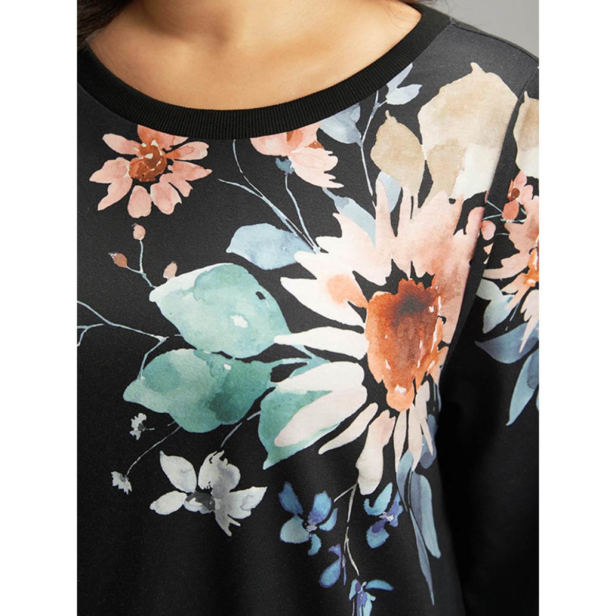 Plus Size Floral Print Round Neck Sweatshirt Women Black Casual Elastic cuffs Round Neck Dailywear Sweatshirts BloomChic 14-16/1X Product Image