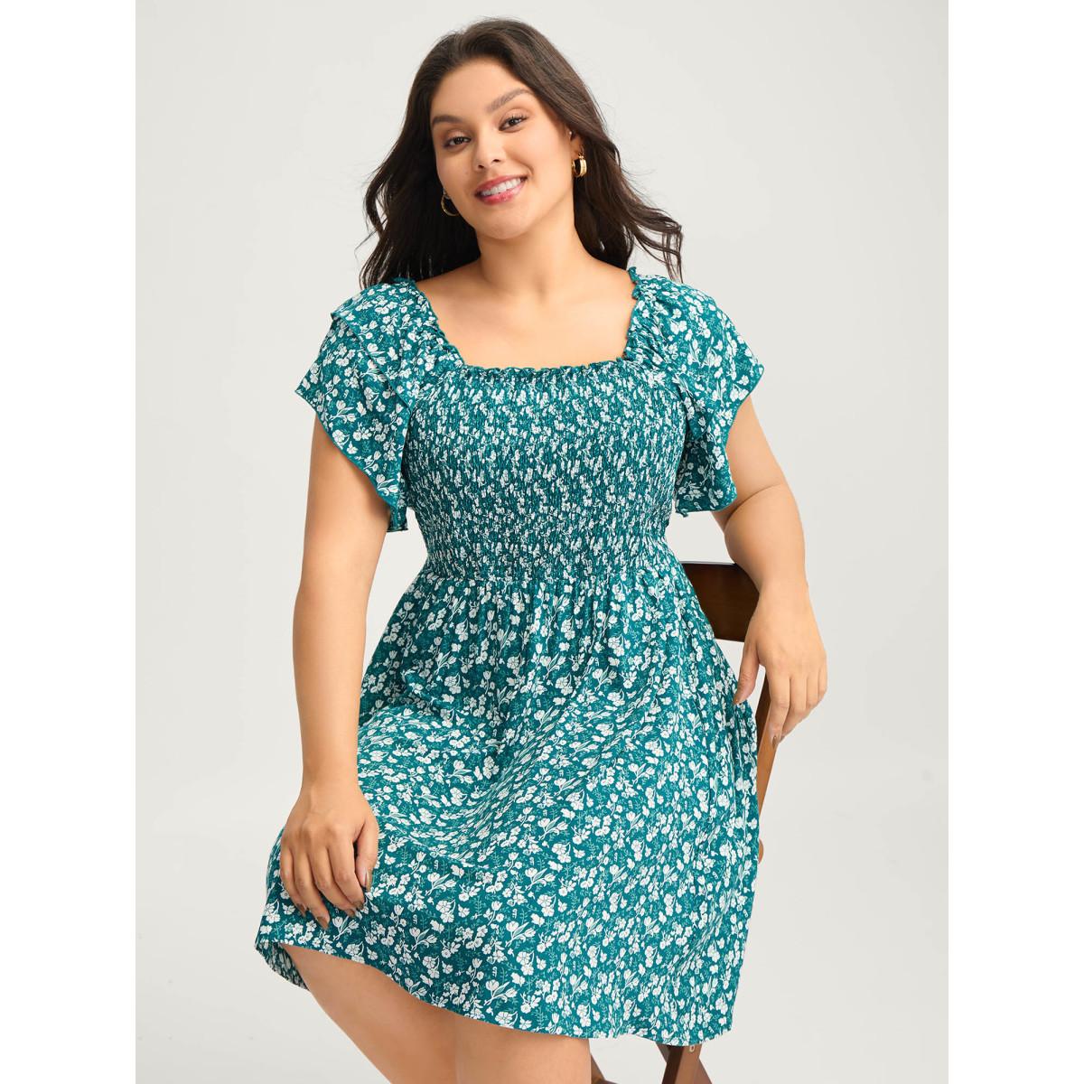 Plus Size Rayon Layered Sleeve Shirred Midi Dress Teal Women Square Neck Cap Sleeve Curvy BloomChic 22-24/3X Product Image