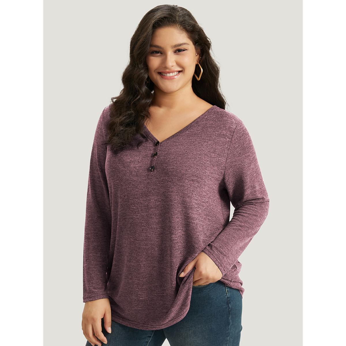 Plus Size Heather Button Up Long Sleeve T-shirt Emerald Women Leisure Heather Plain Casual T-shirts BloomChic 18-20/2X Product Image