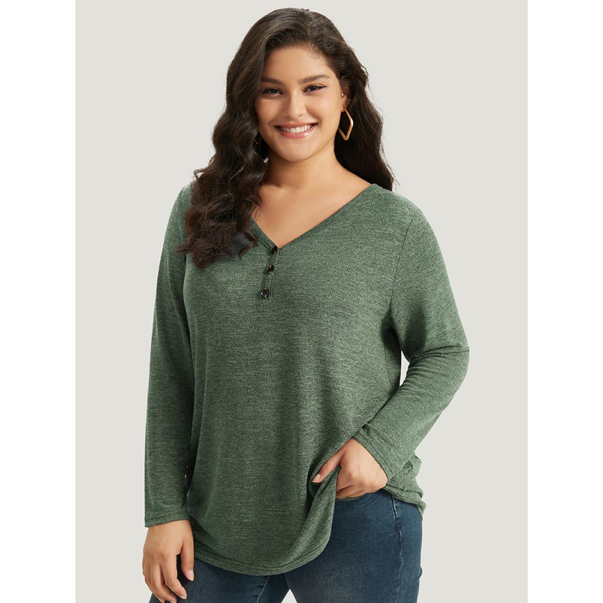 Plus Size Heather Button Up Long Sleeve T-shirt Emerald Women Leisure Heather Plain Casual T-shirts BloomChic 18-20/2X Product Image