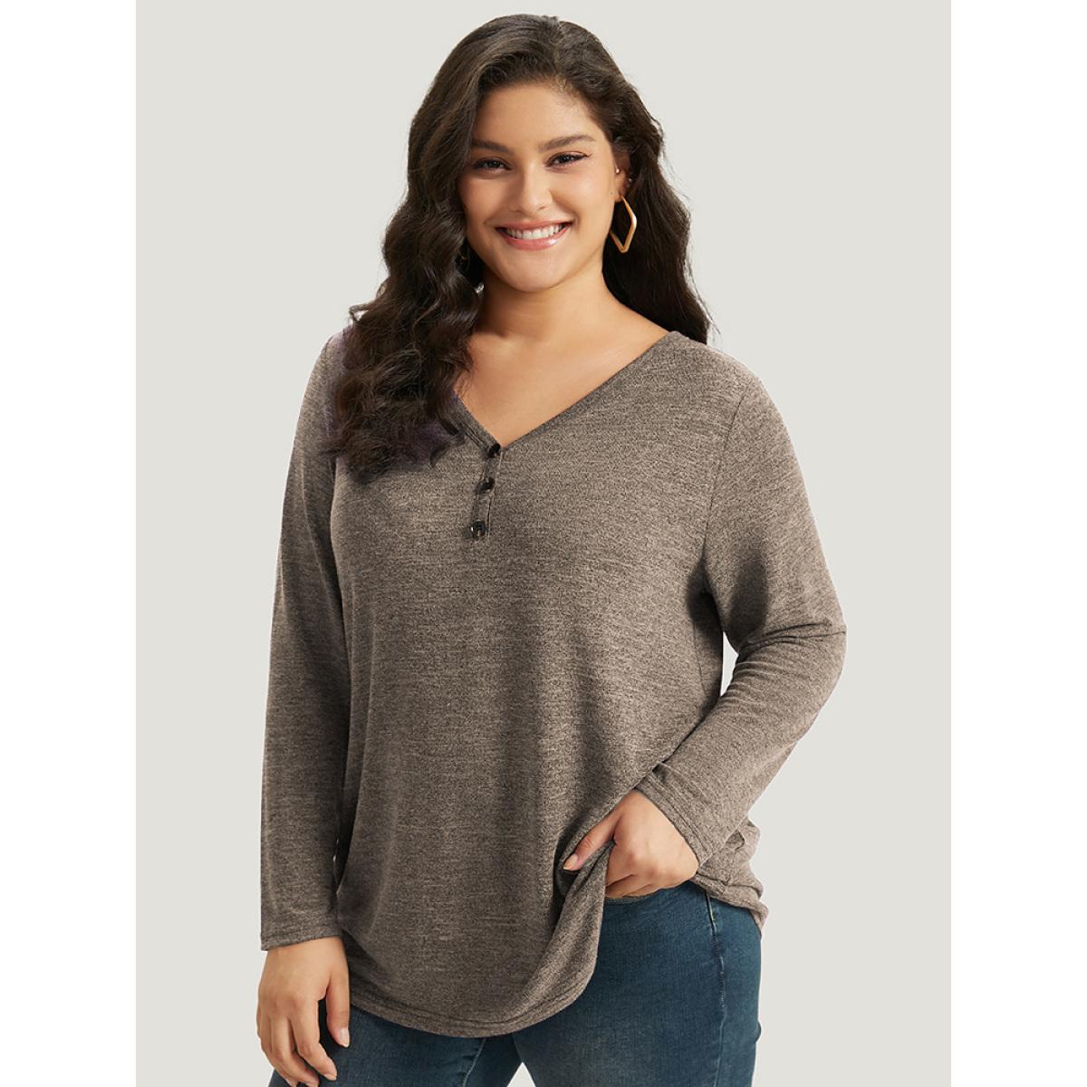 Plus Size Heather Button Up Long Sleeve T-shirt Emerald Women Leisure Heather Plain Casual T-shirts BloomChic 18-20/2X Product Image