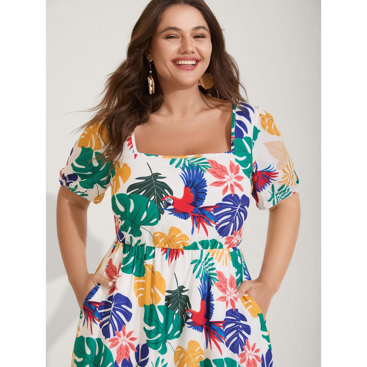 Plus Size Rayon Groovy Tropical Print Midi Dress Multicolor Women Square Neck Short sleeve Curvy BloomChic 28/5X Product Image