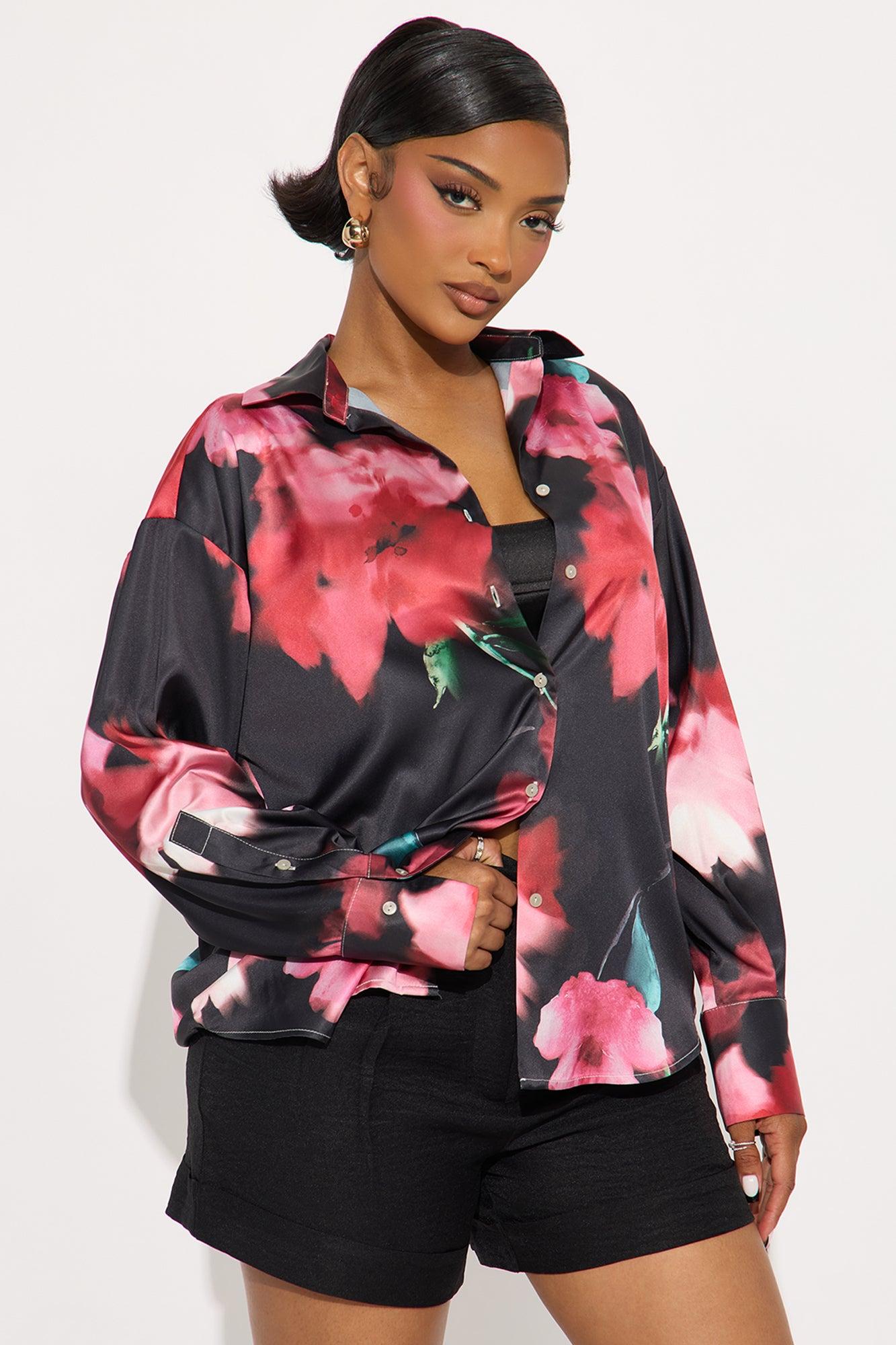 Chasing Florals Satin Shirt  - Red/combo Product Image
