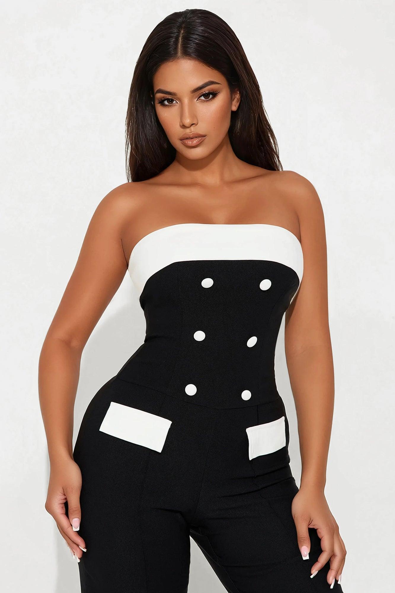 On Duty Wide Leg Strapless Jumpsuit - Black/White Product Image