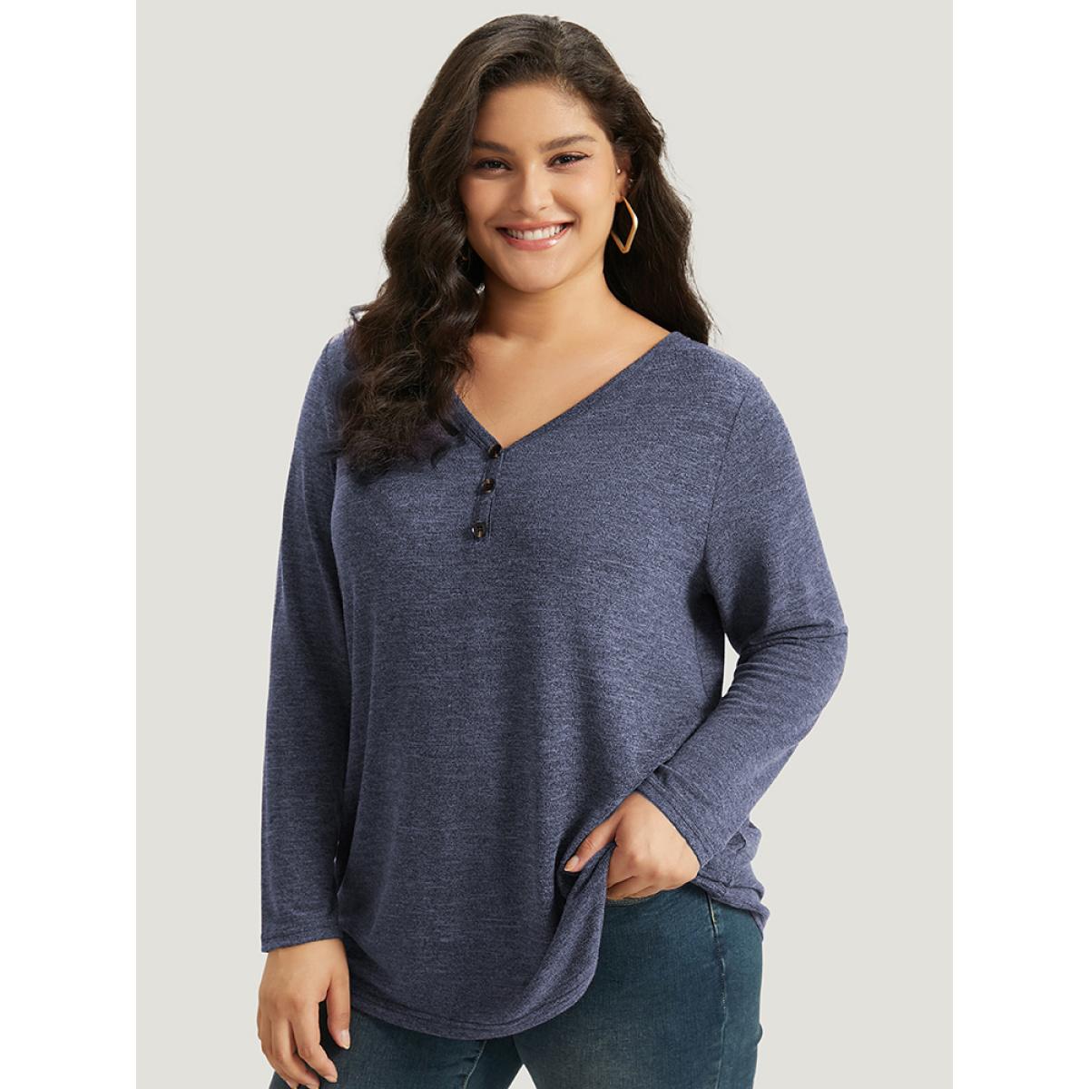 Plus Size Heather Button Up Long Sleeve T-shirt Emerald Women Leisure Heather Plain Casual T-shirts BloomChic 18-20/2X Product Image