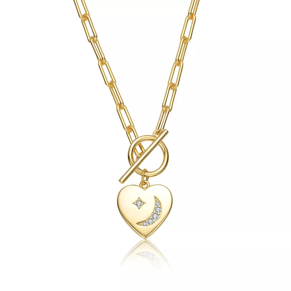 14k Gold Plated Cubic Zirconia Heart & Moon Charm Necklace, Womens Gold Tone Product Image