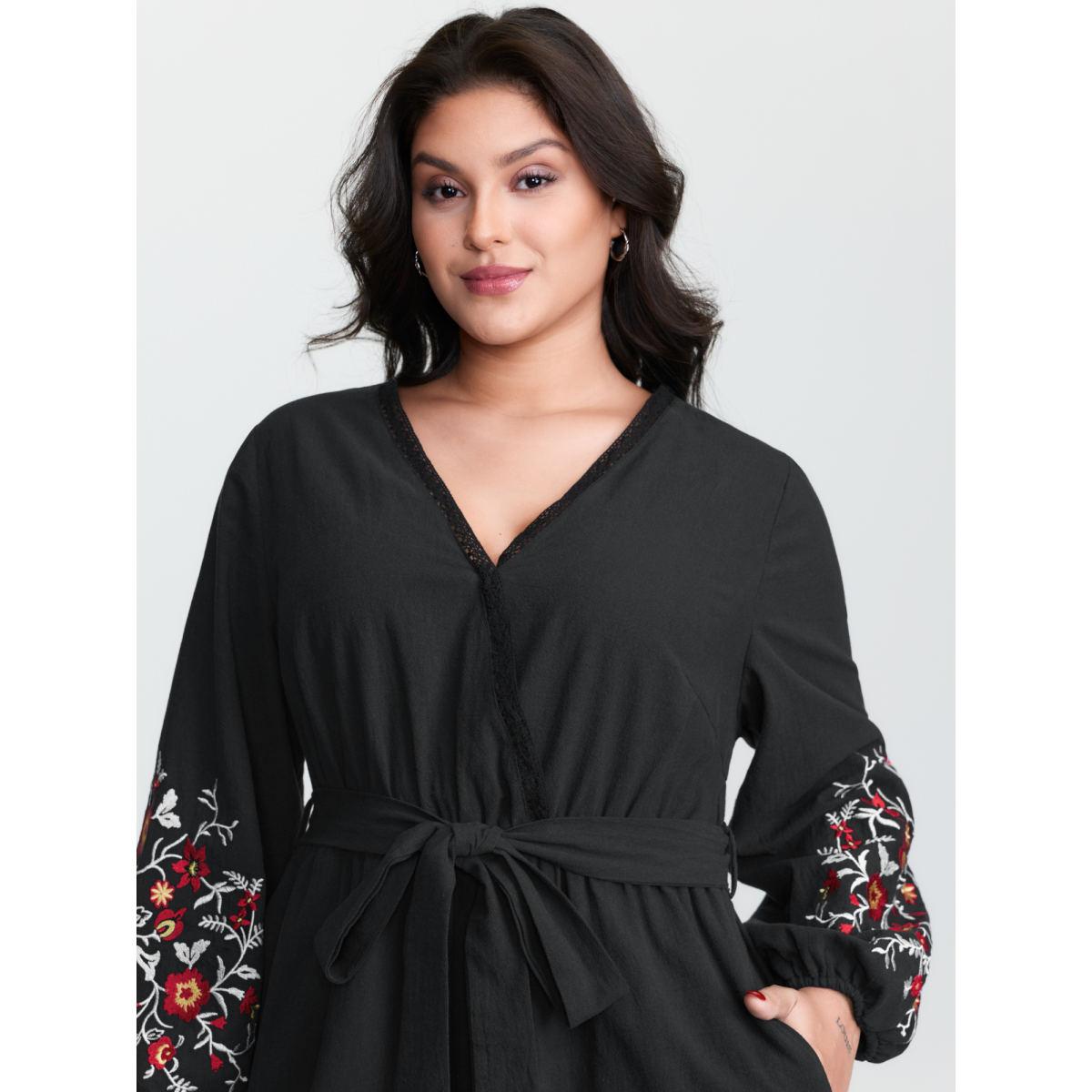 Plus Size Black Pure Cotton Floral Embroidered Sleeve Jumpsuit Women Leisure Extra Long Sleeve Overlap Collar Casual Loose Jumpsuits BloomChic 22-24/3X Product Image