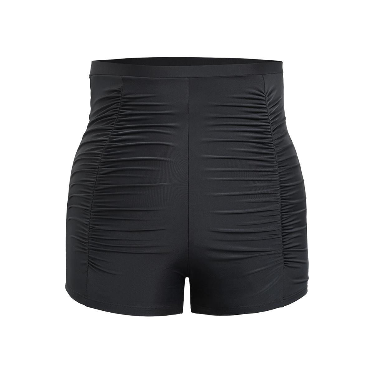 Plus Size Solid High Waist Ruched Detail Swim Shorts Women's Swimwear Black Beach Gathered High stretch Skinny High Rise Curve Swim Bottoms BloomChic 26/4X Product Image