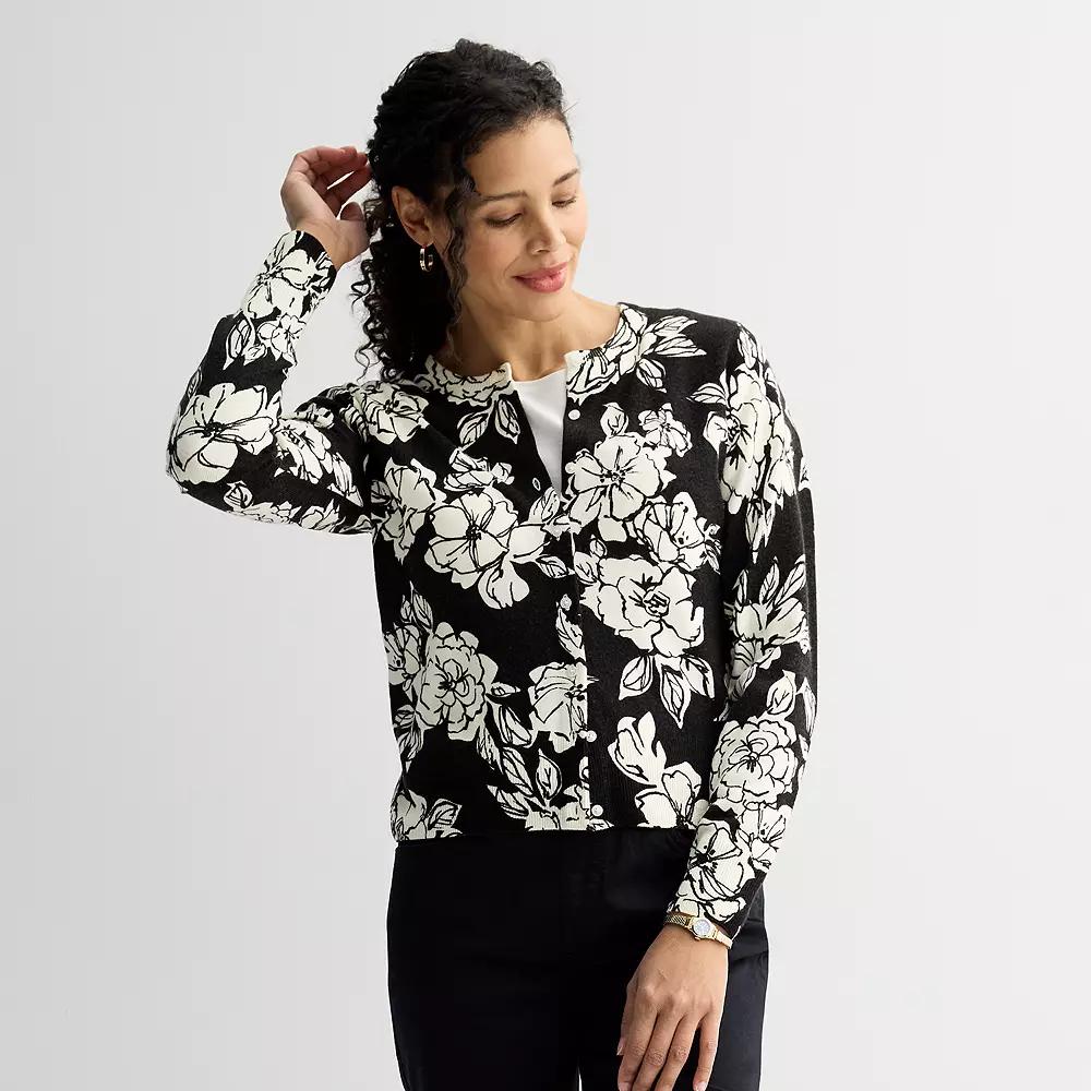 Women's Croft & Barrow® Crewneck Long Sleeve Classic Cardigan, Size: Small, Black Line Floral Product Image