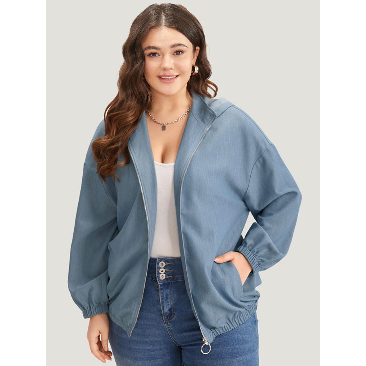 Plus Size Lapel Collar Hooded Zipper Pocket Elastic Hem Jacket Women Stone Elastic cuffs Pocket Dailywear Jackets BloomChic 22-24/3X Product Image