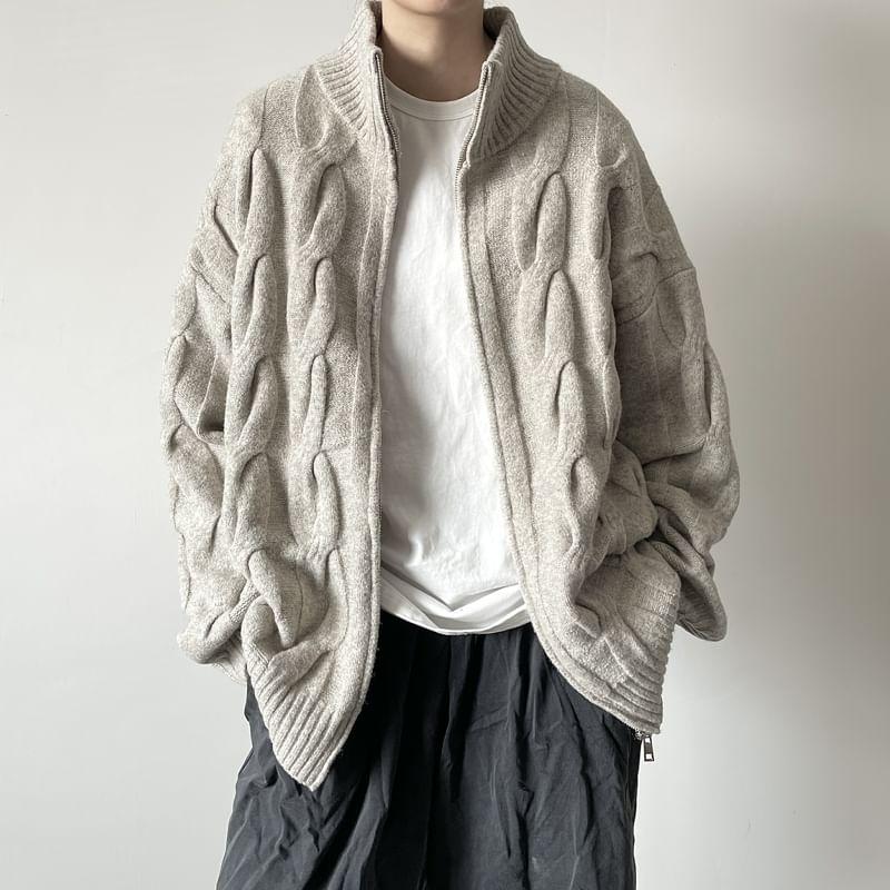 Stand Collar Plain Cable Knit Zip Cardigan Product Image
