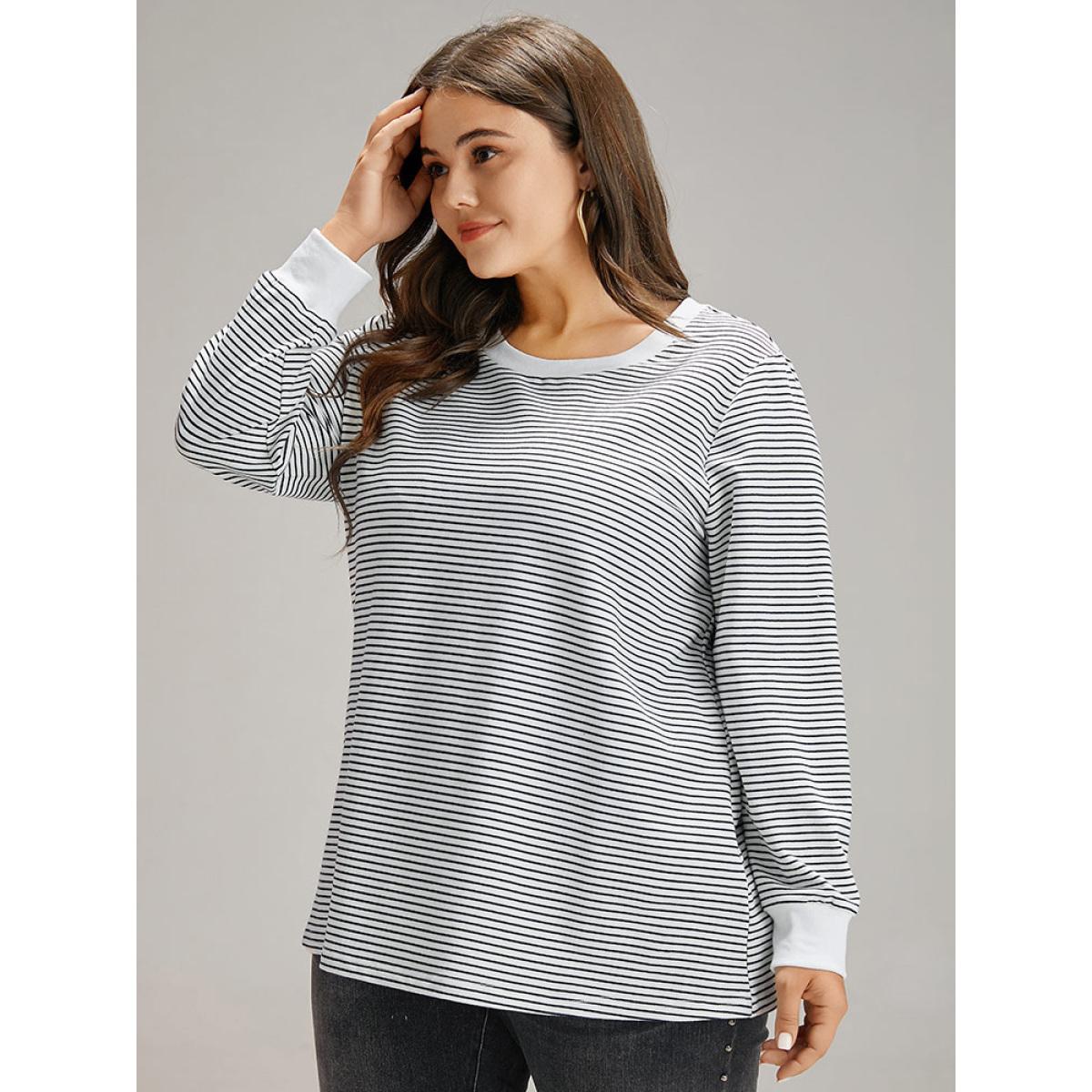 Plus Size Cotton Striped Striped Sweatshirt Women Indigo Casual Elastic cuffs Round Neck Everyday Sweatshirts BloomChic 22-24/3X Product Image