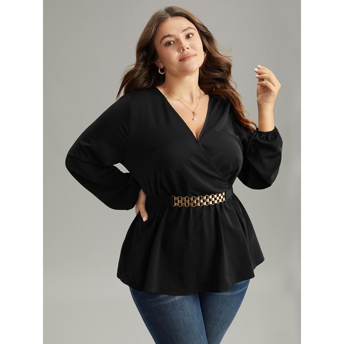 Plus Size Black Solid Wrap Flutters Style Accents Belted Blouse Women Office Long Sleeve V-neck Office Blouses BloomChic 22-24/3X Product Image