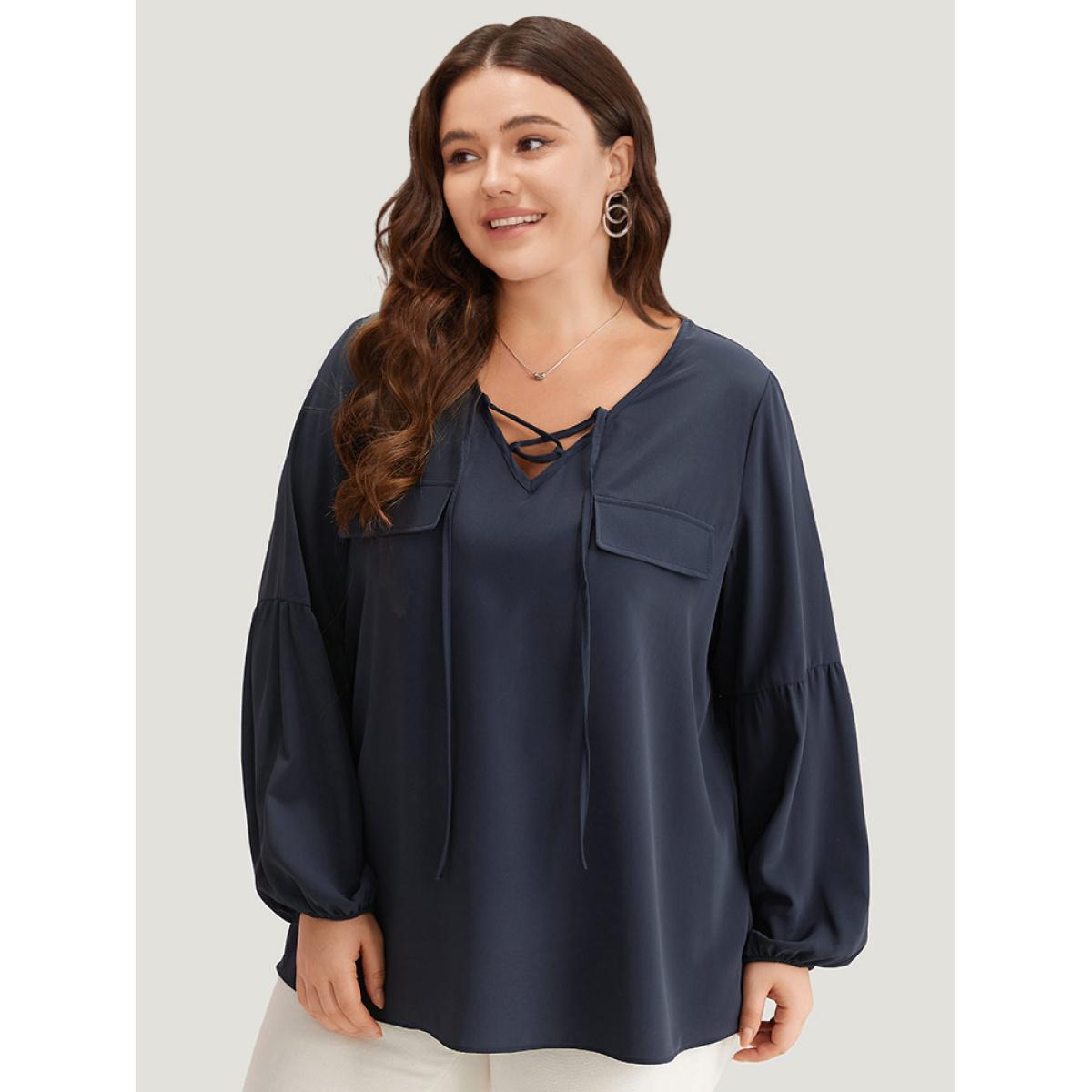 Plus Size Indigo Solid Elastic Cuffs Lace Up Blouse Women Office Long Sleeve V-neck Office Blouses BloomChic 10/M Product Image
