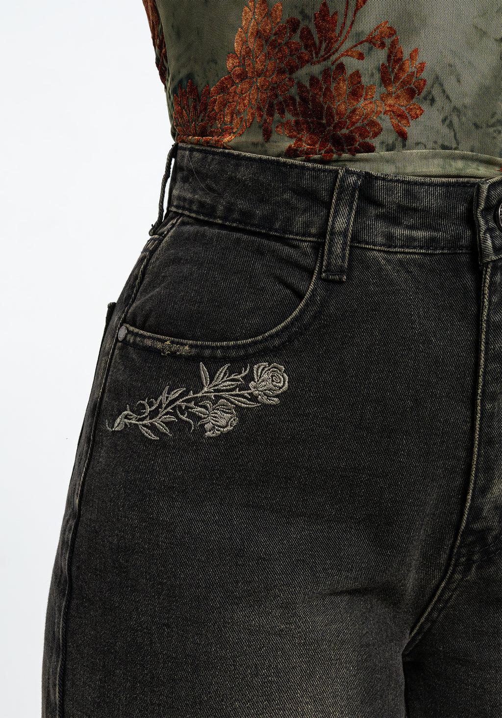 Veltha Floral Embroidered Denim Barrel Leg Jeans Product Image