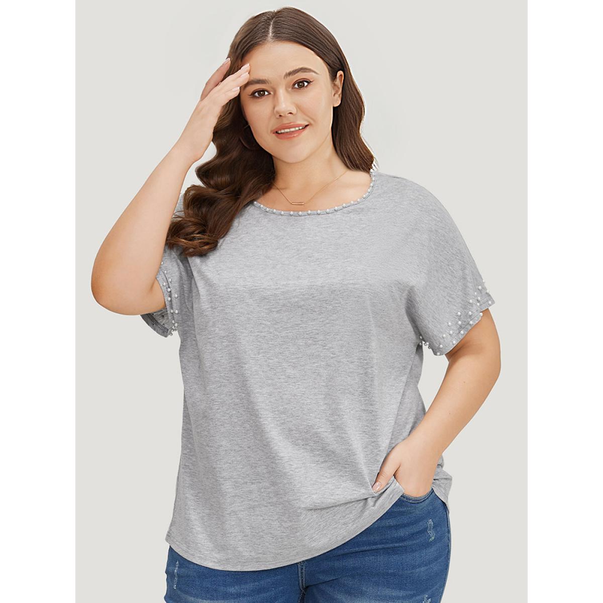 Plus Size Plain Heather Pearl Beaded Crew Neck T-shirt Gray Women Elegant Beaded Plain Round Neck Dailywear T-shirts BloomChic 12/L Product Image