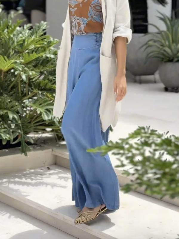 Loose Wide Leg Solid Color Split-Joint Jean Pants Bottoms Trousers Product Image